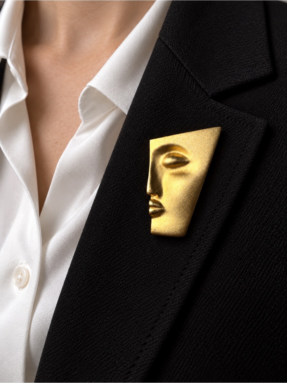 Dramatic Gold Face Sculpted Brooch Pin